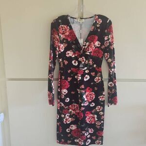 L'AGENCE V Neck Bodycon Blk Floral Prt Knit Midi Dress, Keyhole Waist, NWT, XS